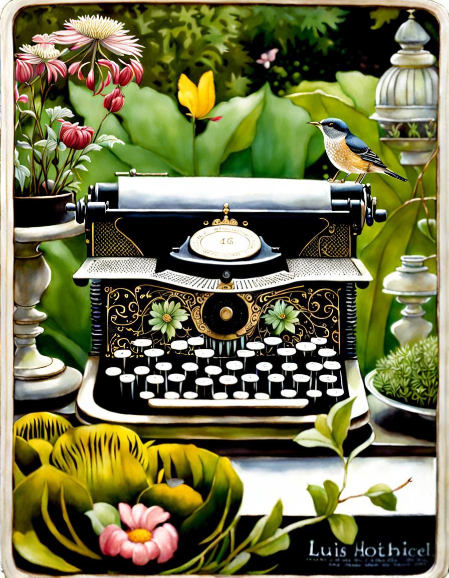 Victorian Typewriter in Garden Illustration