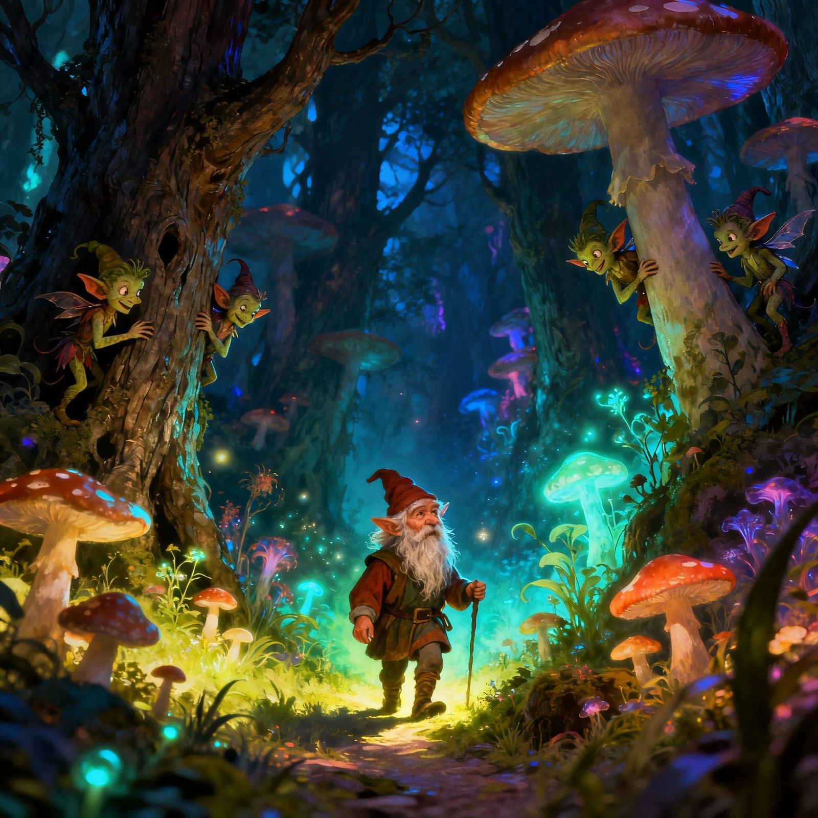 Enchanted Mushroom Forest With Wise Gnome and Elves