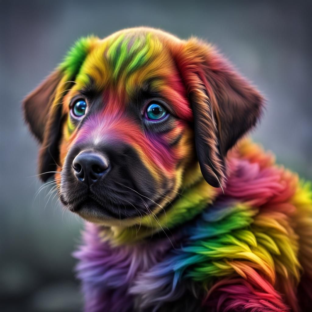 Hyperrealistic Rainbow Puppy Portrait in HDR