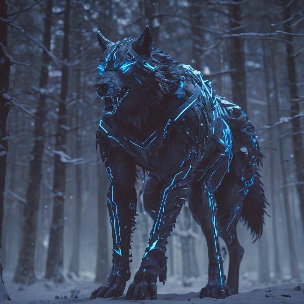 Cyberpunk Viking Wolf in Snowy Forest