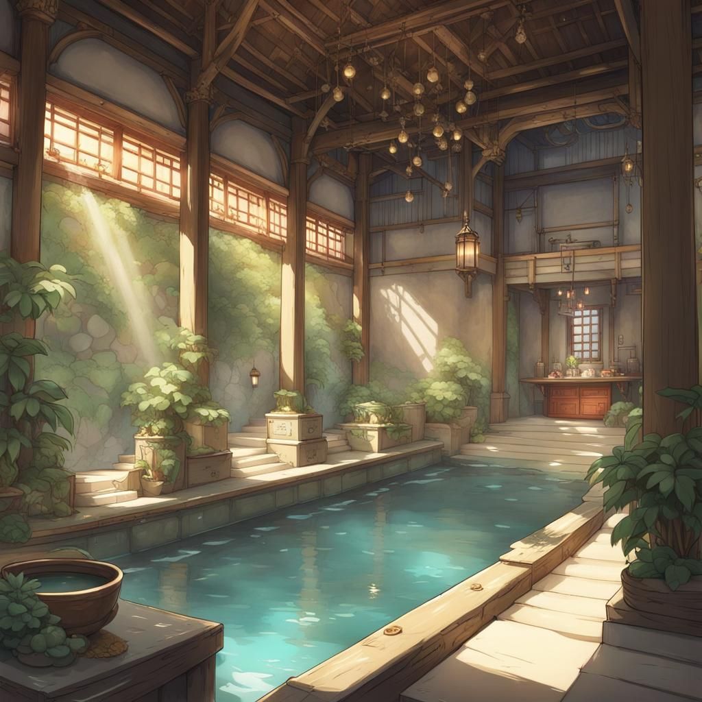 Exotic Island Interior: Roman Bathhouse in Anime Style