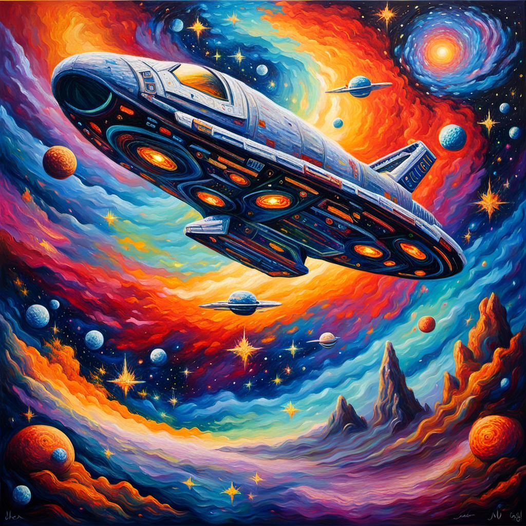 Starship Journey Through Vivid Galaxy, Expressionist Oil Pai...