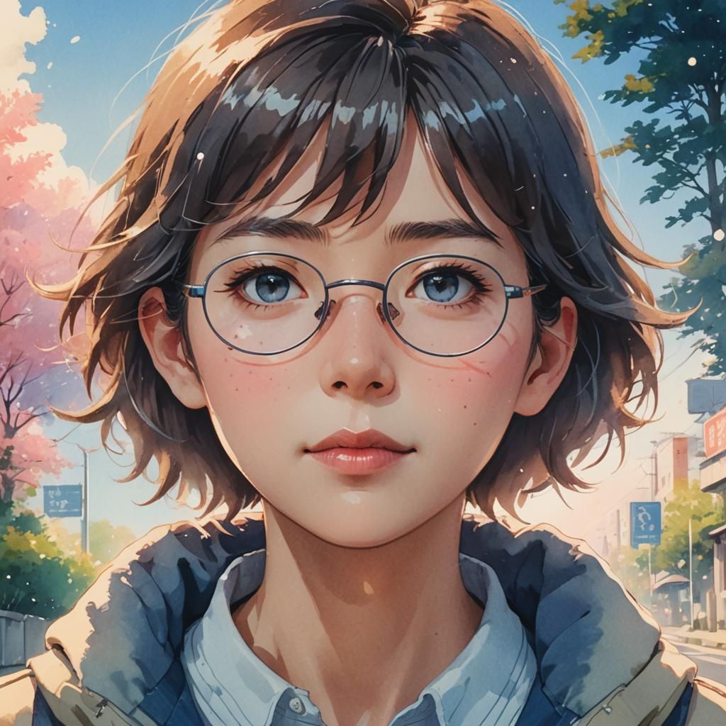 Anime Woman in Glasses: Ghibli-Inspired Portrait