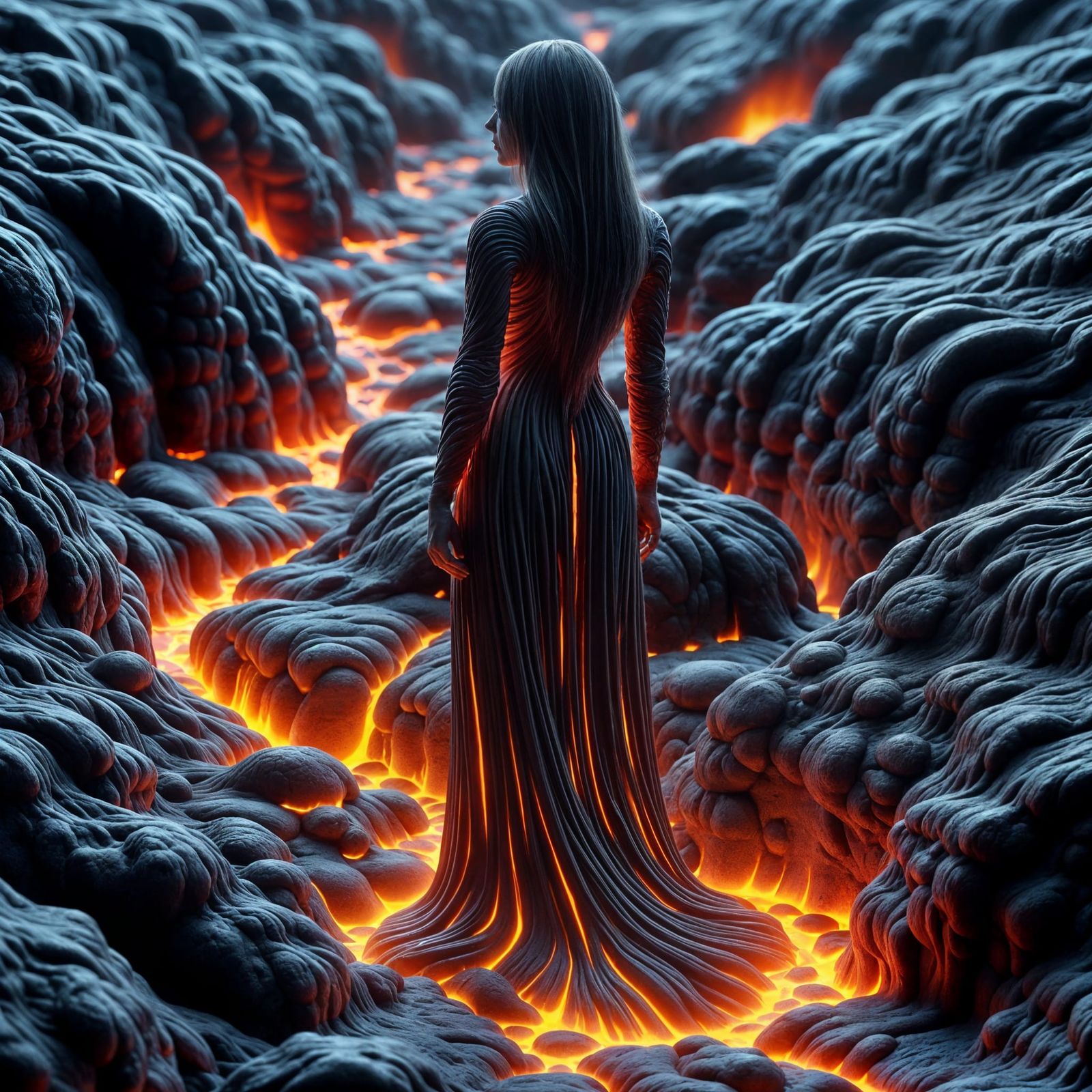 Female Lava Elemental Rising from Lava Flow