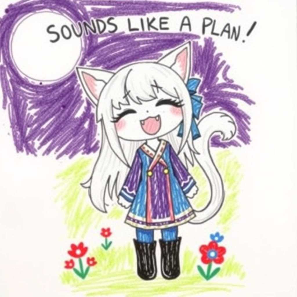 Anime Catgirl Crayon Drawing with Silver Hair