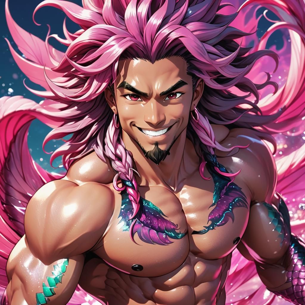 Handsome Merman with Pink Tail in Anime Style