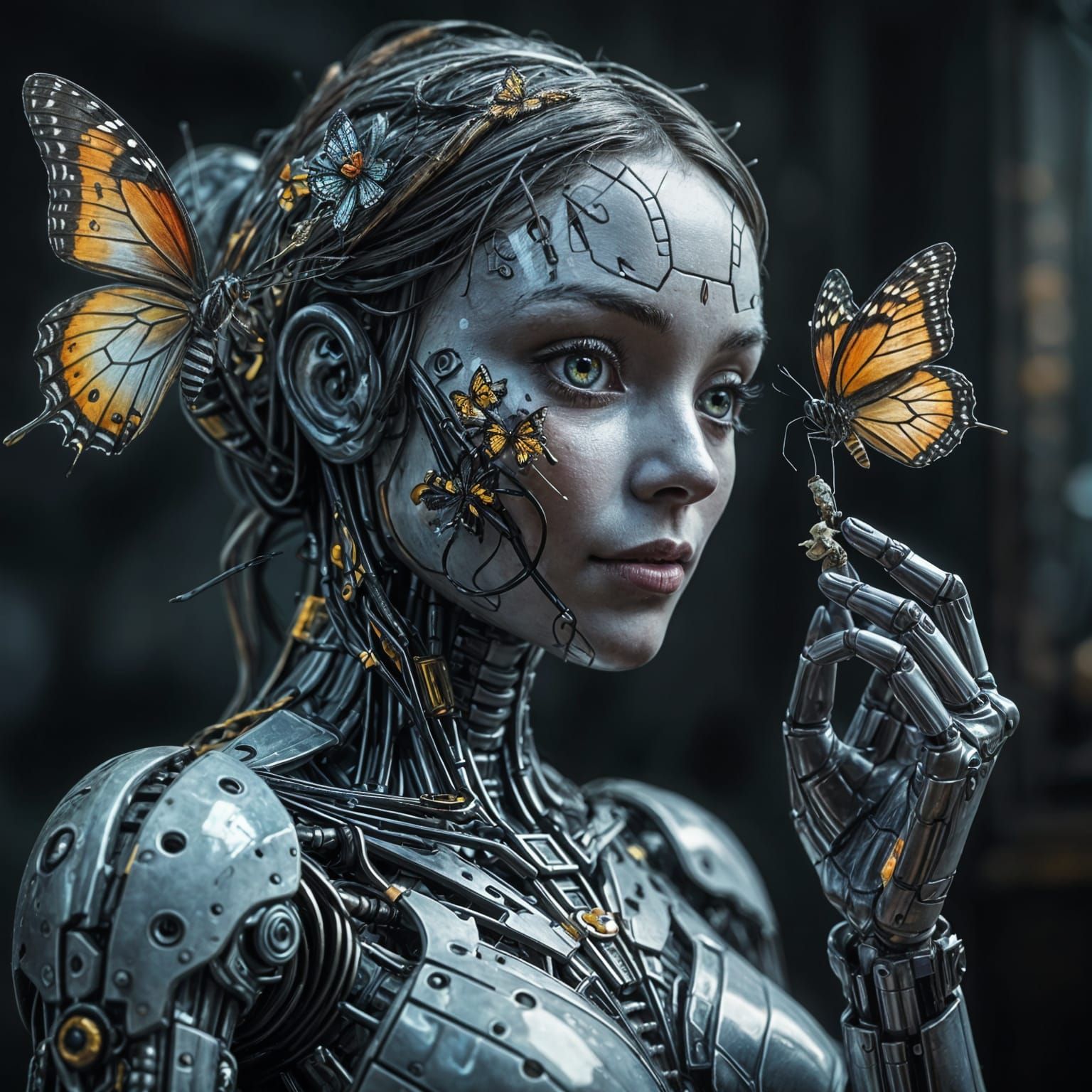 Hyperrealistic Robot in Rapt Contemplation of a Delicate But...