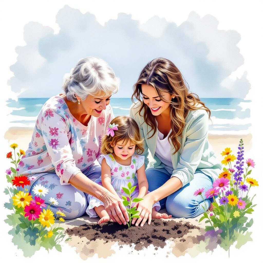 Family Gardening on Beach in Soft Watercolour Style