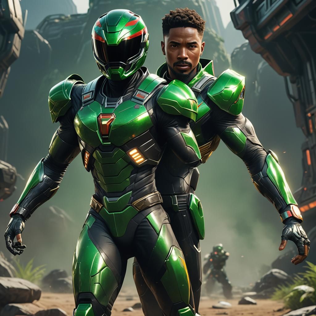 Black Space Ranger in Green Suit: 3D Game Art