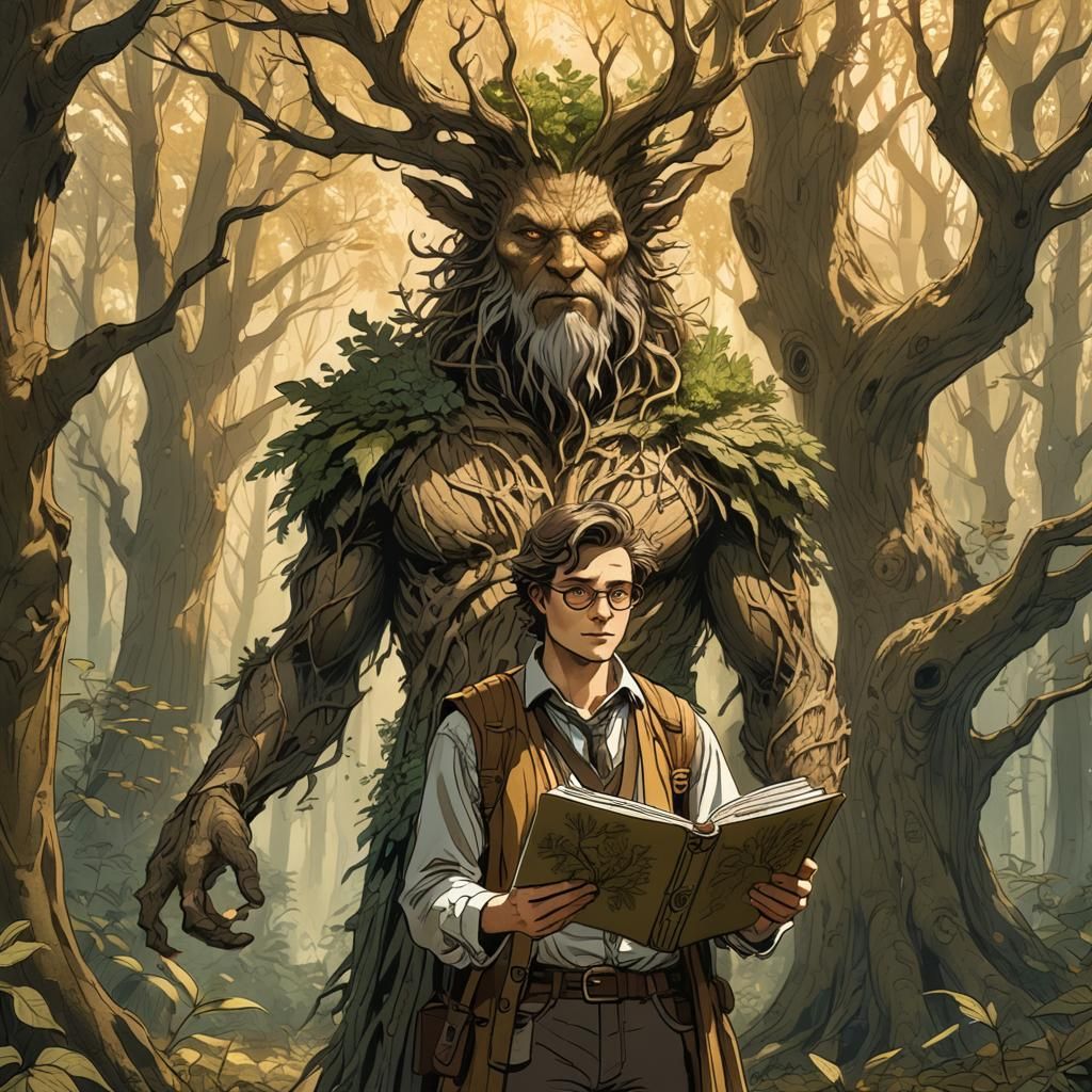 Mystical Forest Encounter: Tree Spirit and Artist