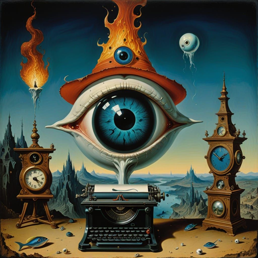 Surreal Femme Fatale with Burning Eyeball and Fish