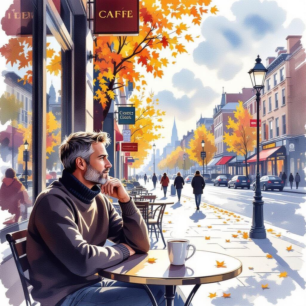 Man Relaxes at Cafe on Autumn Afternoon