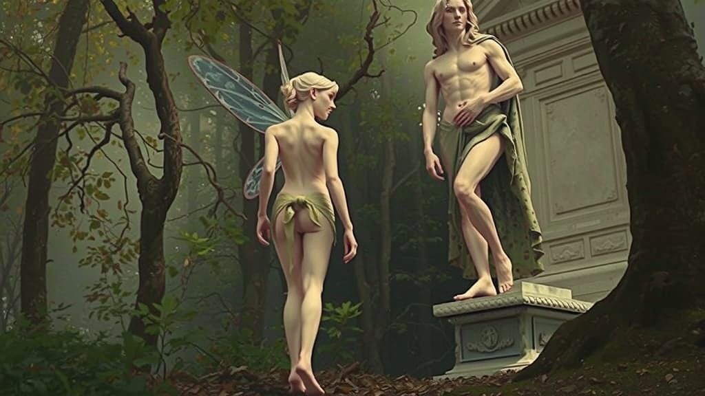 Fairy in Woods with White Statue, Cinematic Film Still