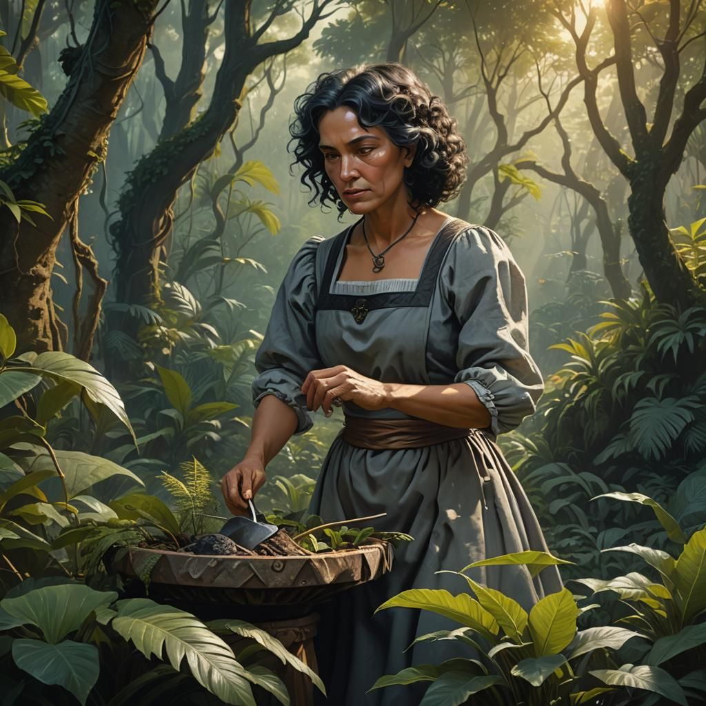 Woman Sculpting in Jungle: Fantasy Matte Painting