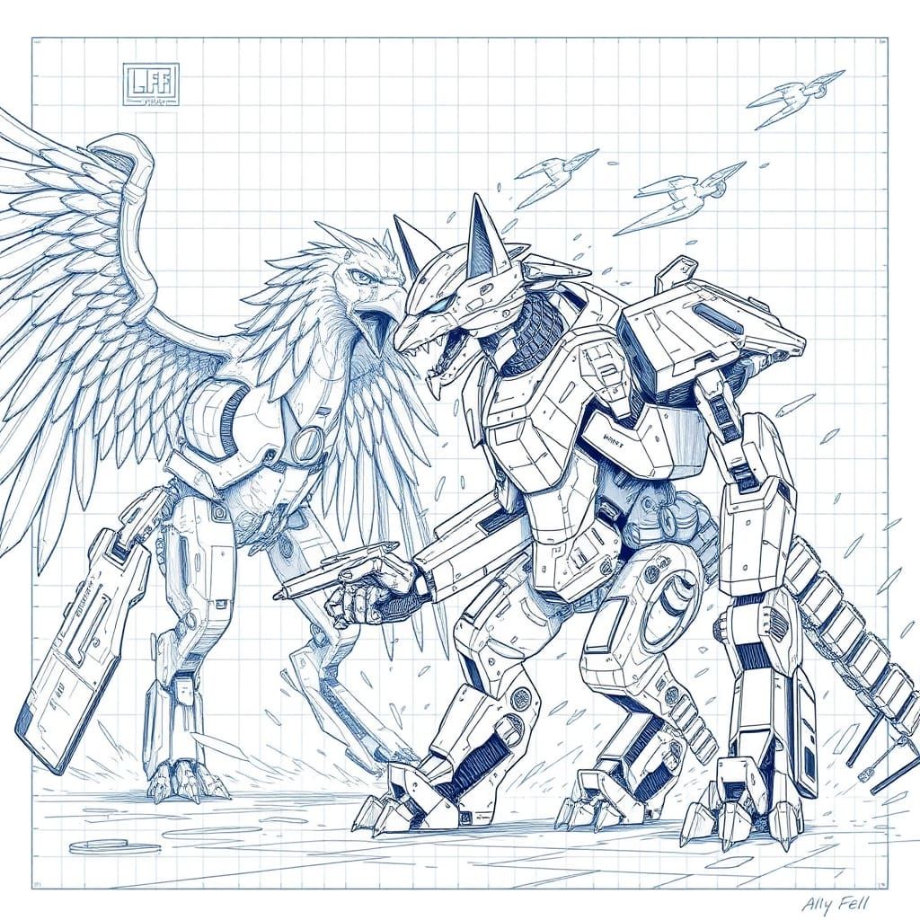 Cat Mecha vs Bird Mecha Blueprint