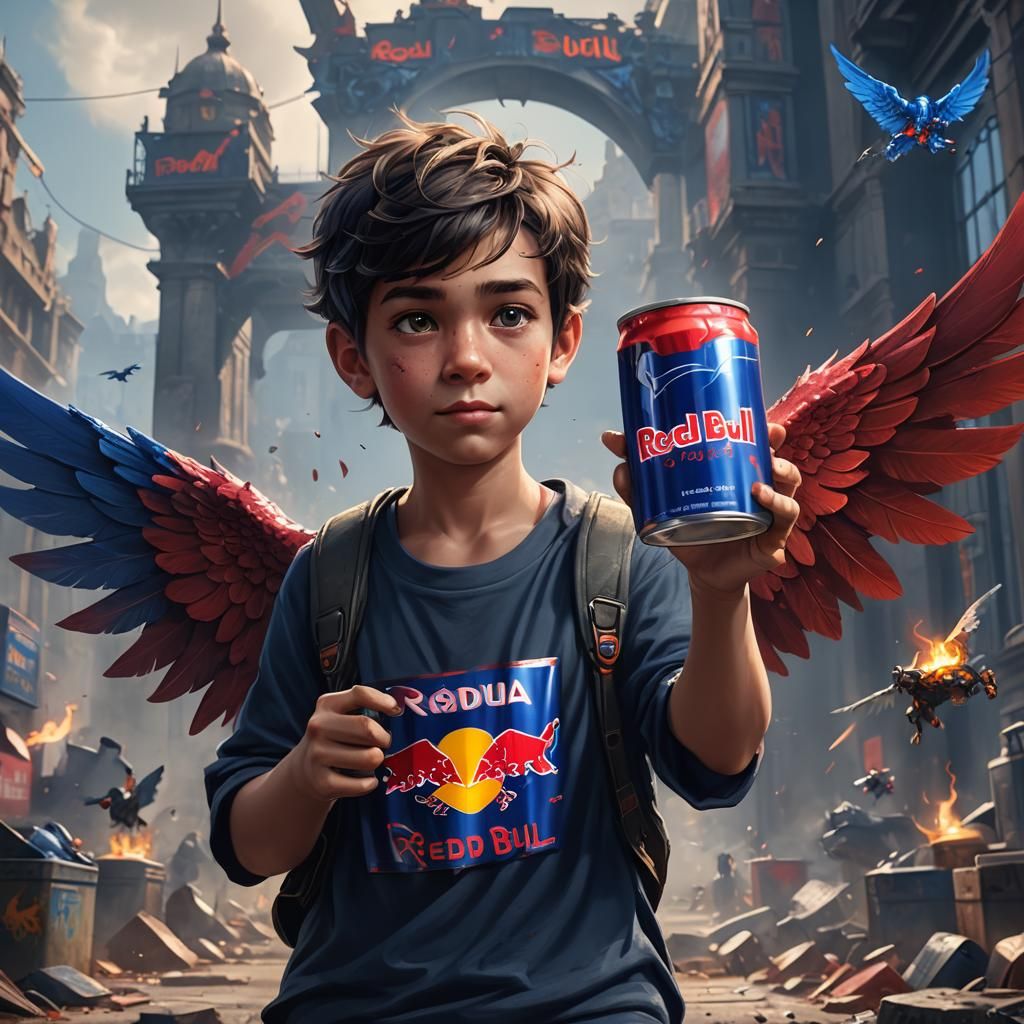 Winged Boy Holding Red Bull Can in Matte Painting