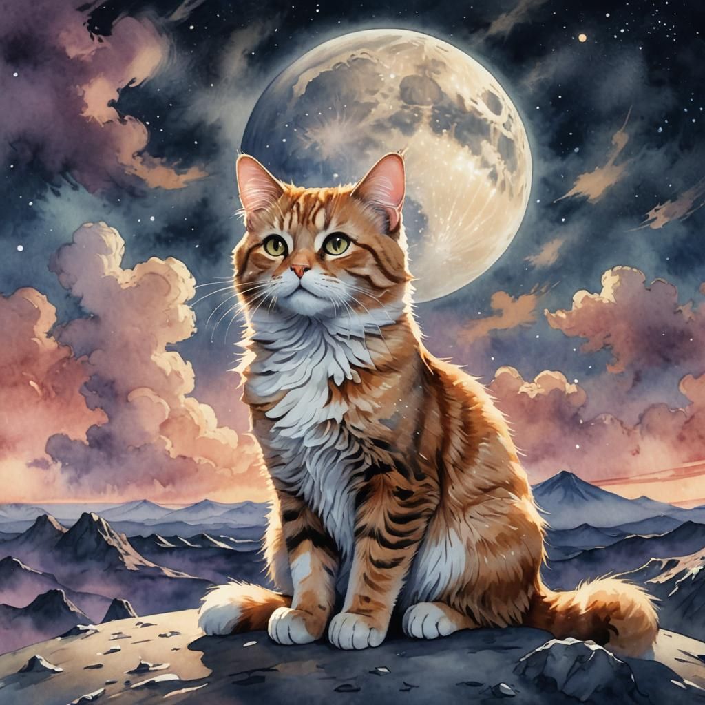 Anime Cat on the Moon in Watercolor Style