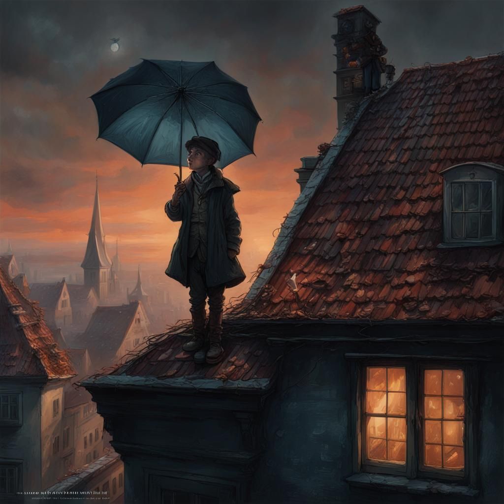Boy on Roof at Night, Detailed Matte Painting