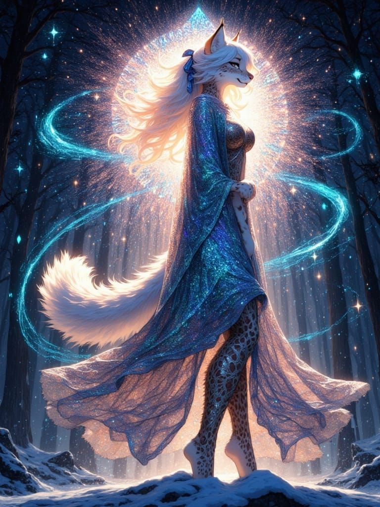 Ethereal Furry Snow Leopard Dancer in Vibrant Stained Glass ...