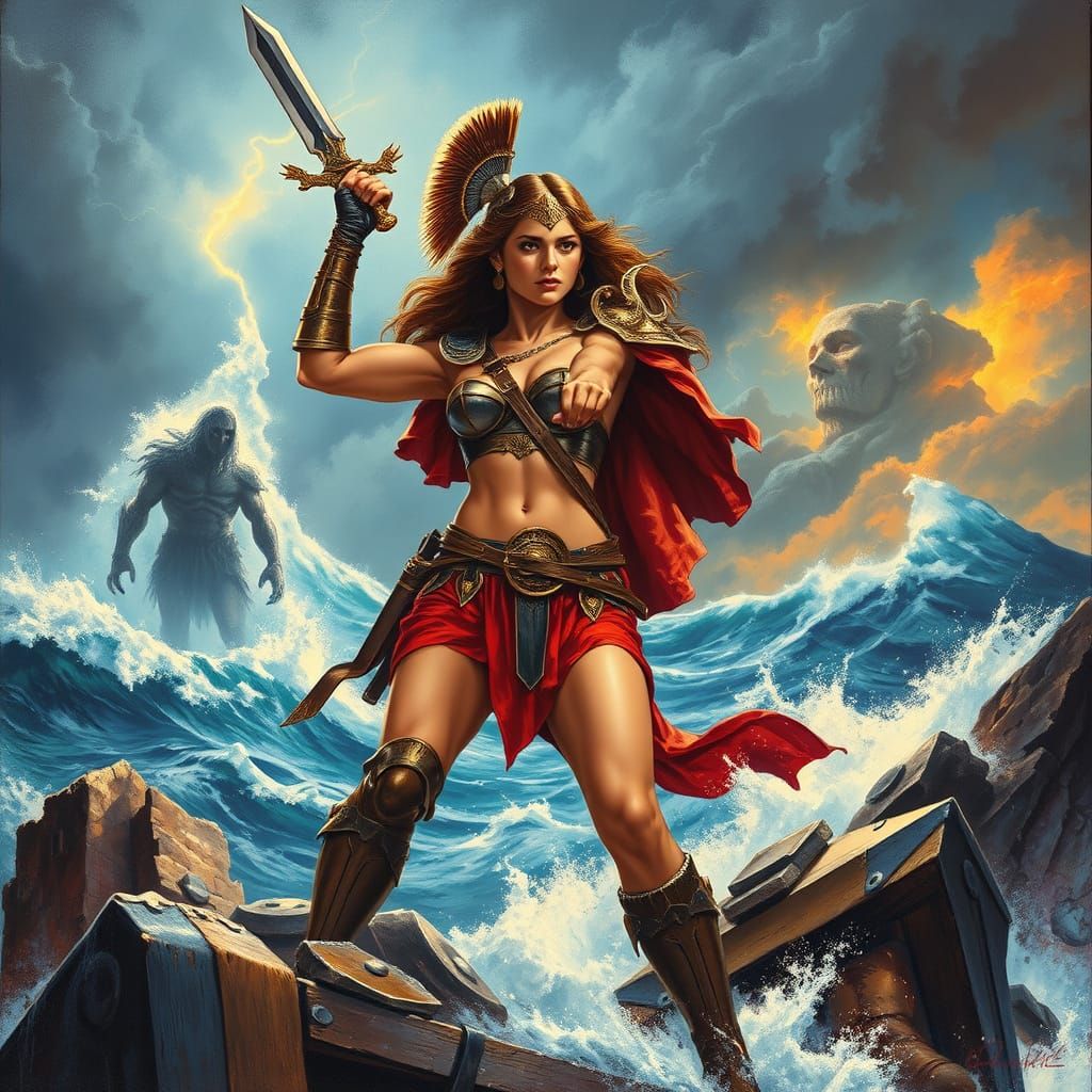 Warrior Woman Confronts Cyclops in Frazetta-Style Seascape