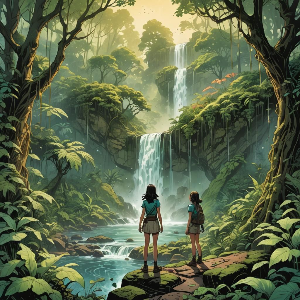Lush Waterfall Comic Book Scene with Girl