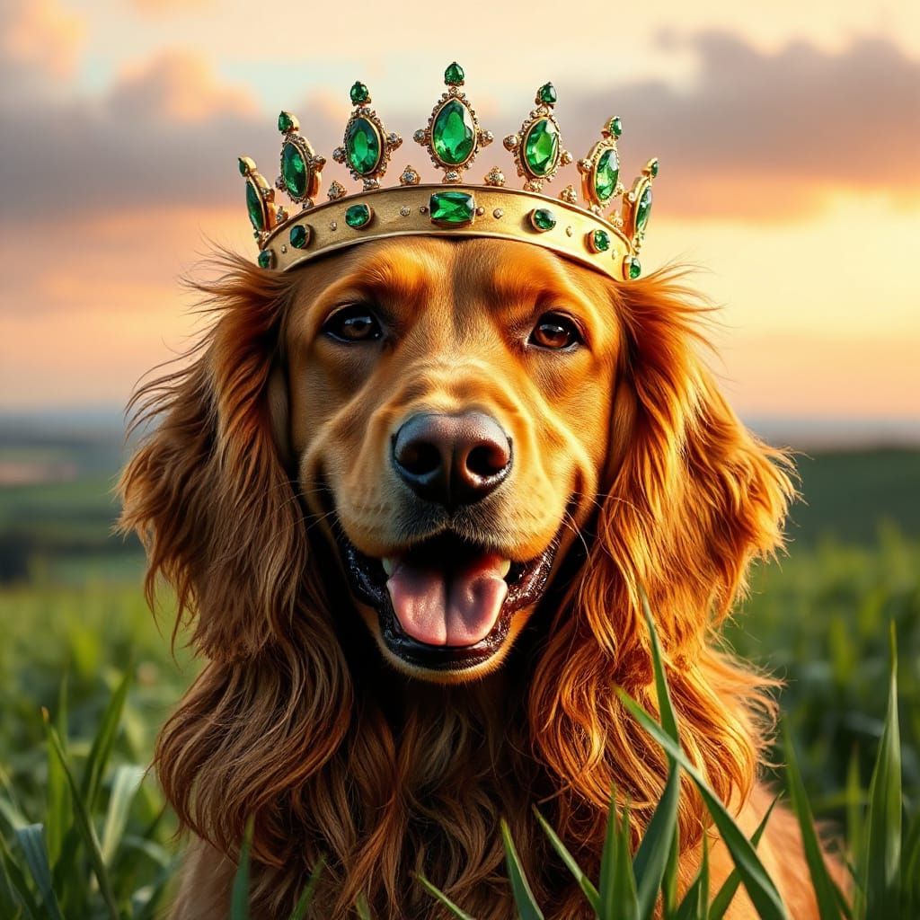 Happy Irish Setter in Golden Crown on Irish Farm