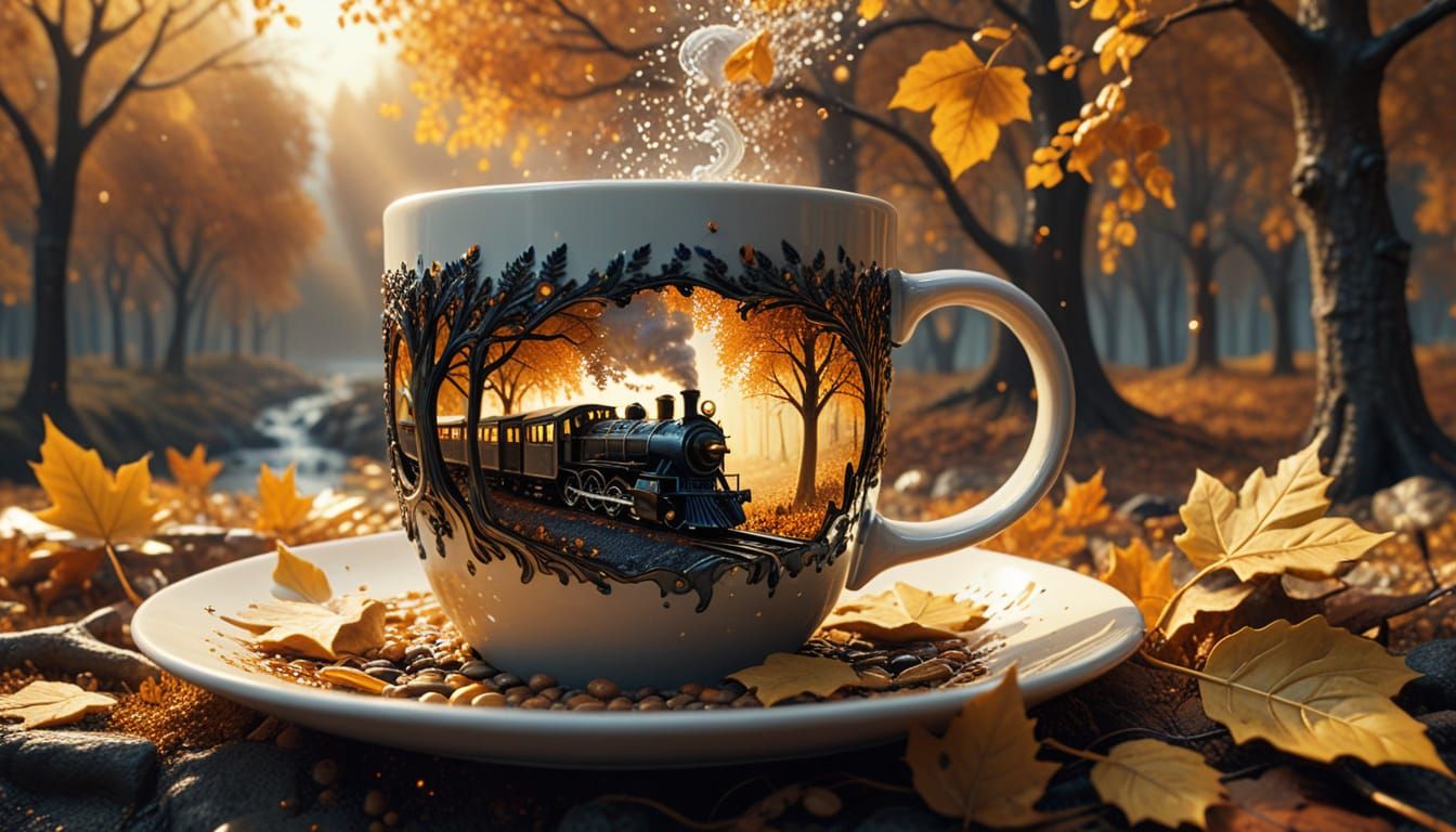 Surreal Autumn Train Landscape Inside a Mug