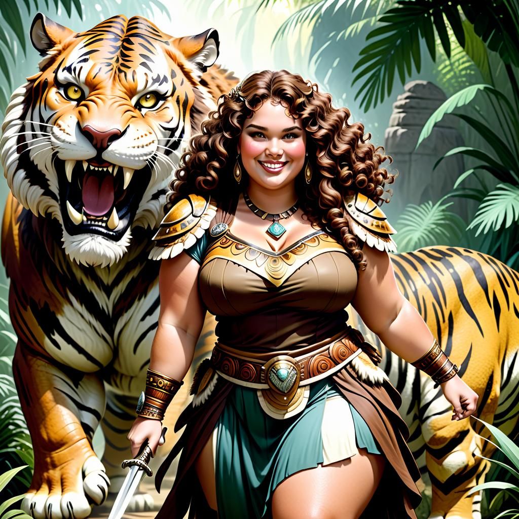 Prehistoric Woman with Saber-Tooth Tiger Pet