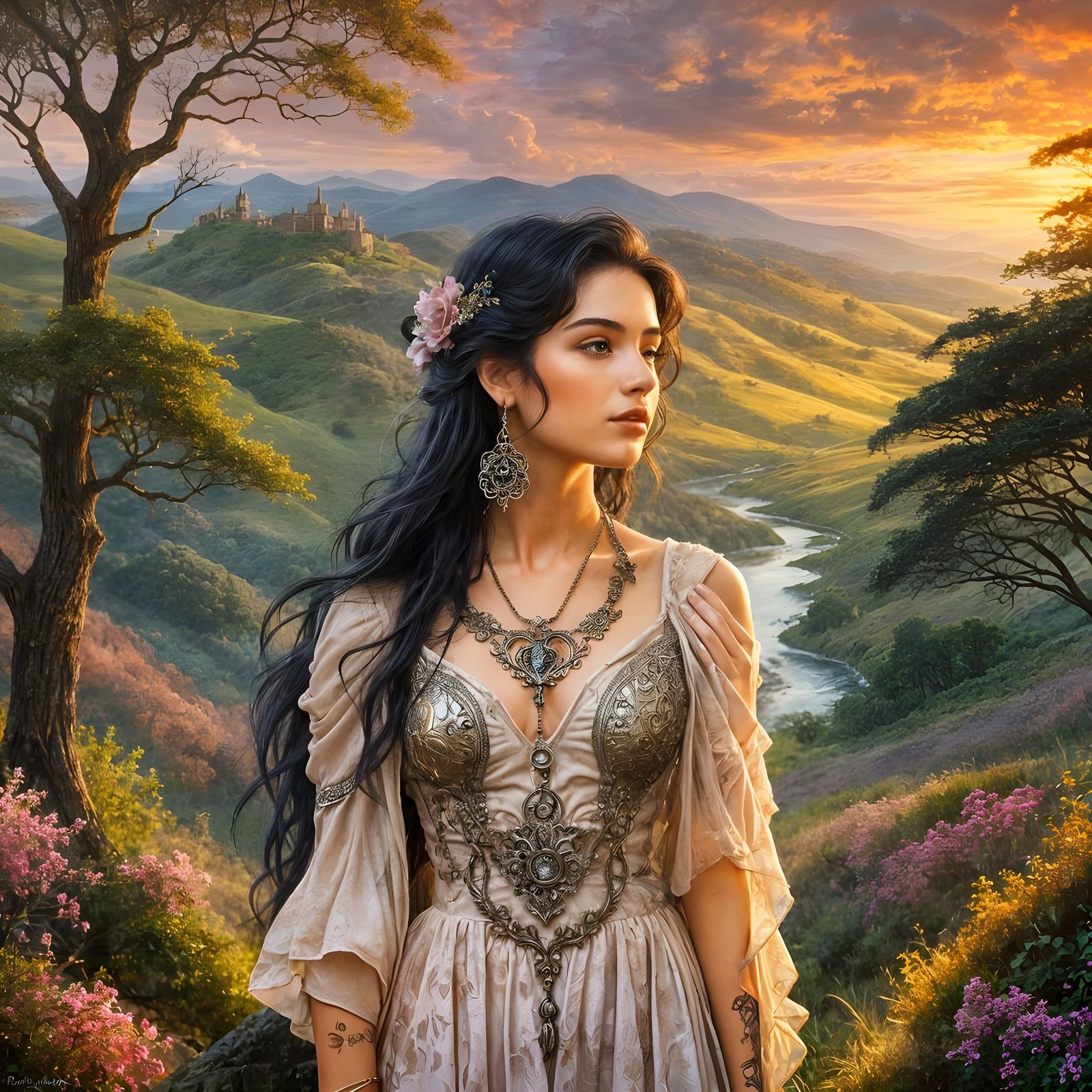 Enchanted Maiden Amidst Sunset Dreamscape