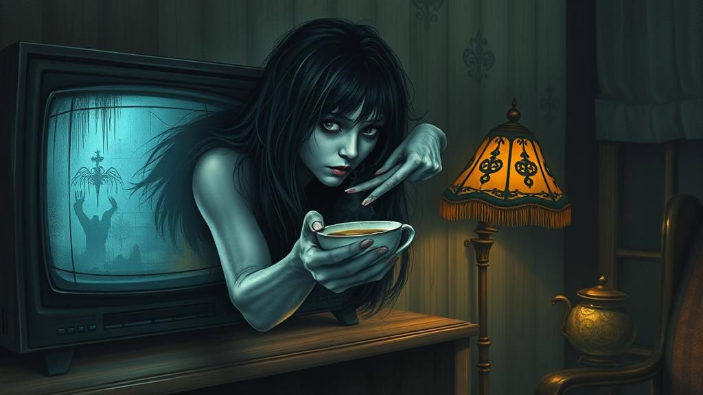 Sadako Offers Coffee: A Hauntingly Cozy Horror Scene