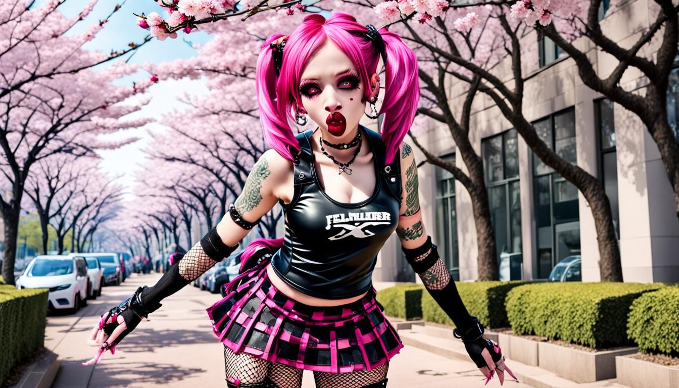 Punk Anime Girl in Cherry Blossoms, 3D Render