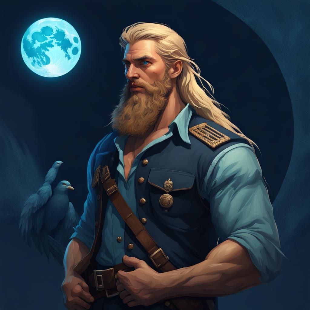 Man with Bird Under Moonlight, Art Nouveau Style