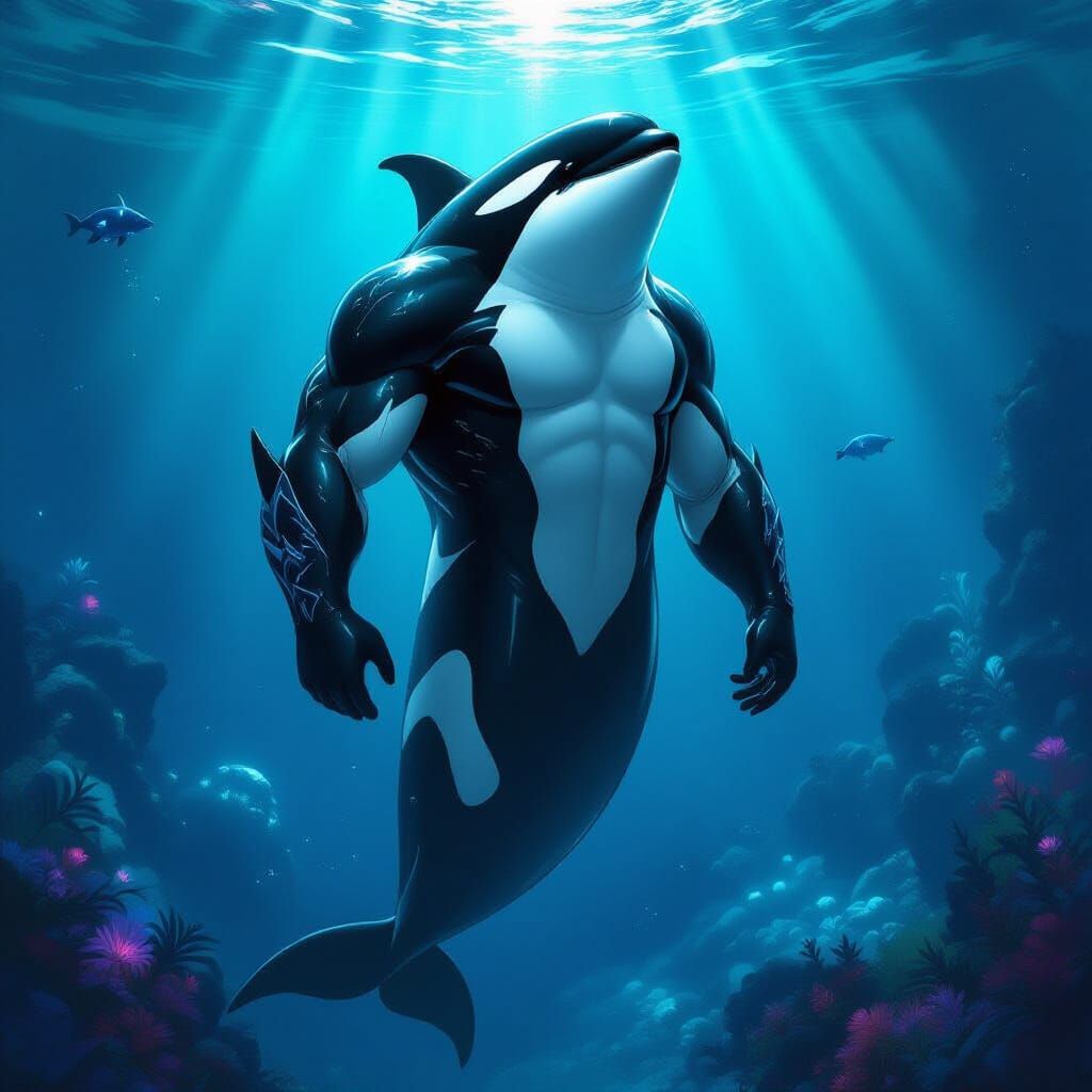 Orca Human Hybrid in Bioluminescent Ocean Trench