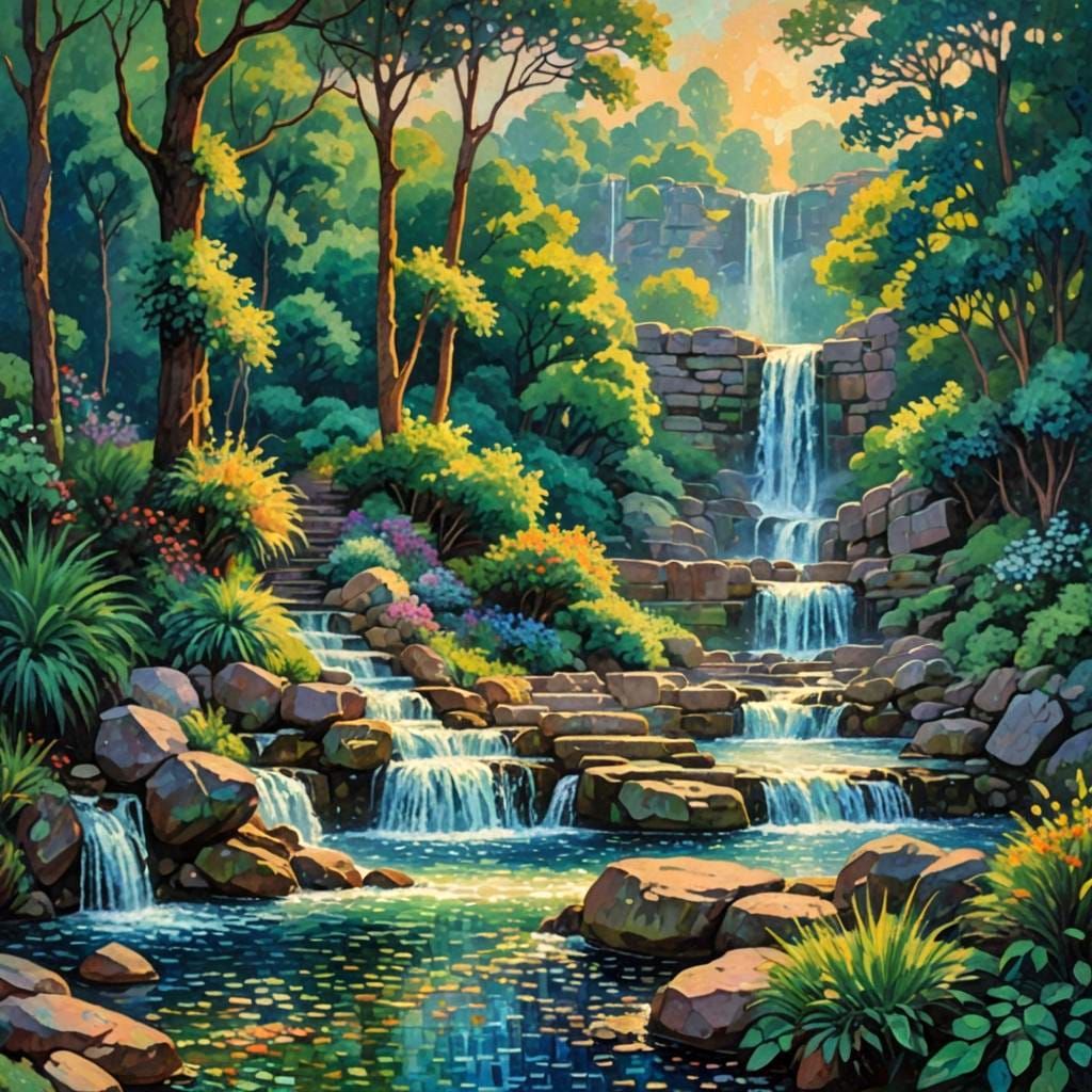 Neo-Impressionist Waterfall in Style of Claude Monet