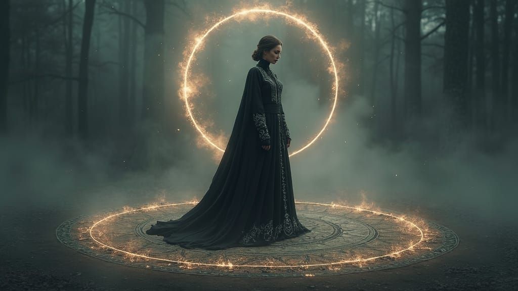 Mystical Witch in Runic Circle with Ancient Wisdom