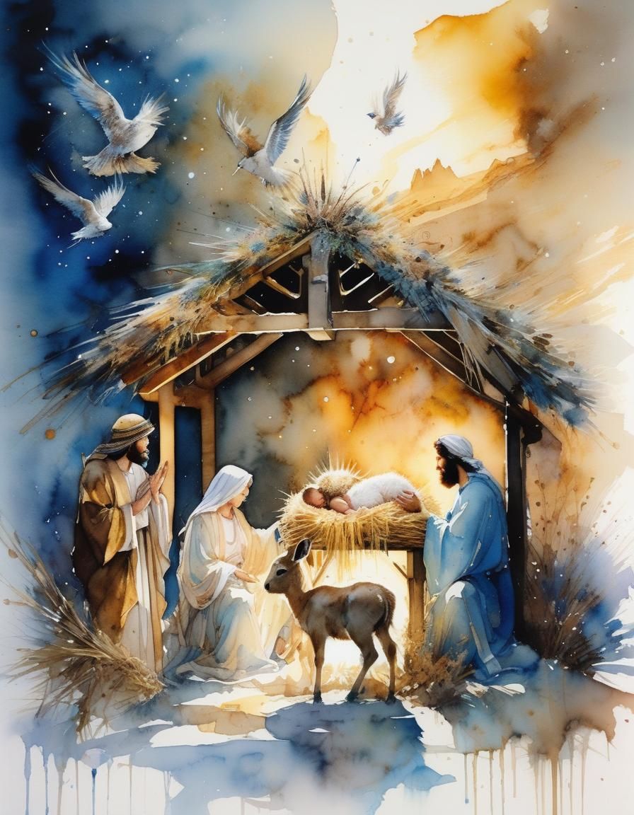 Watercolor Nativity Scene with Animals at Night