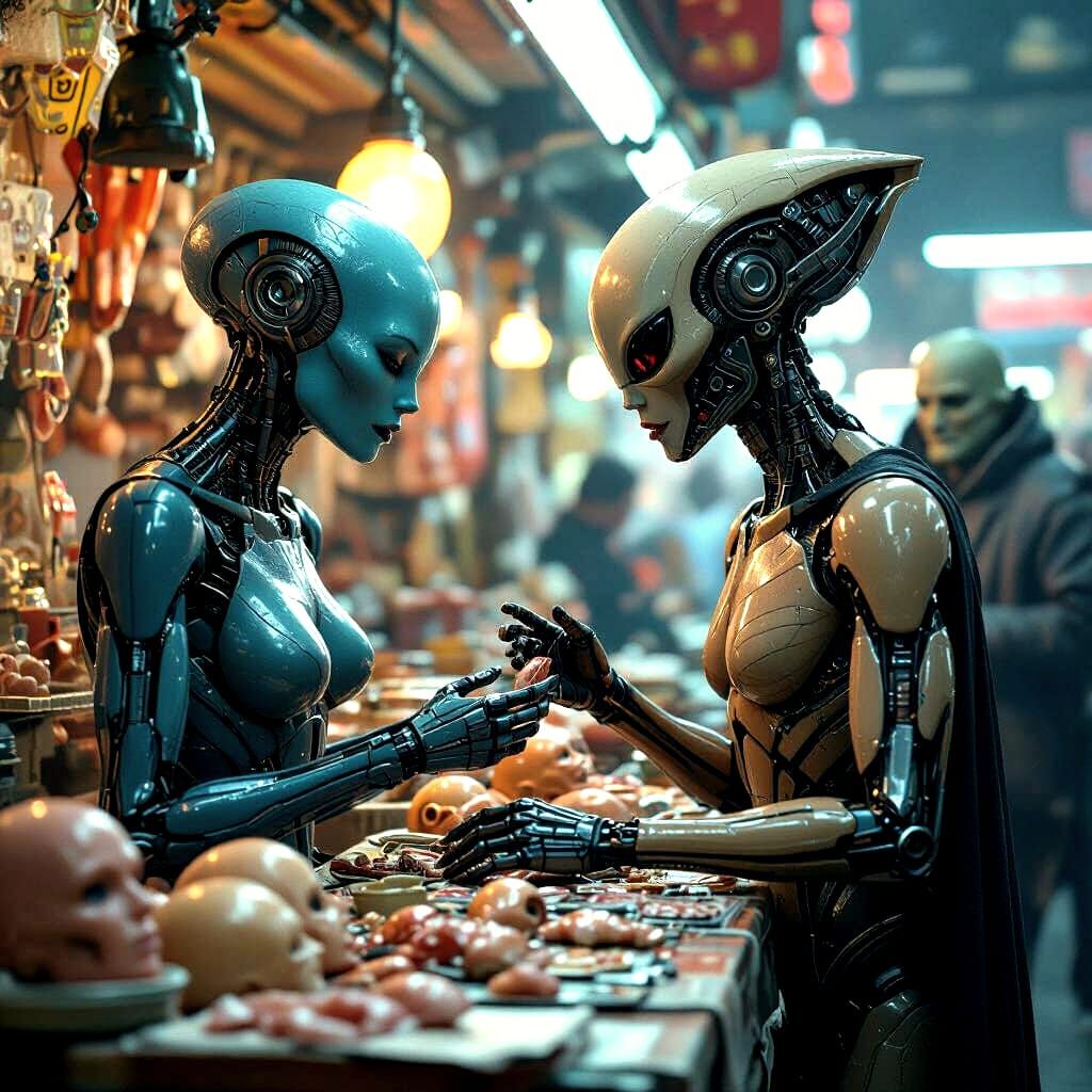 Dystopian Alien Market in Enki Bilal Style