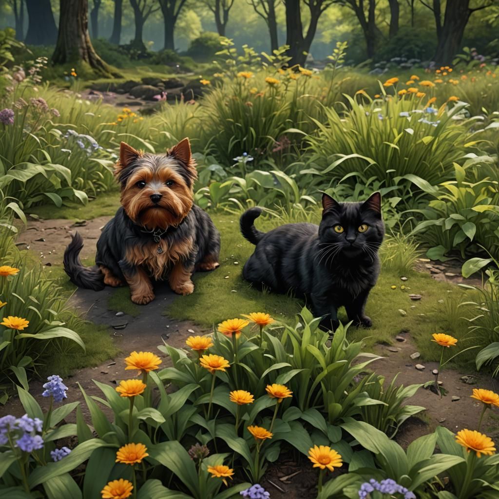Norfolk Terrier and Black Cat in Nature