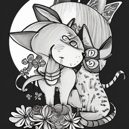 Line Art: Cat and Fairy Illustration