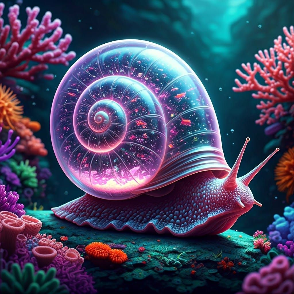 Bioluminescent Glass Snail in Aquatic Dreamscape