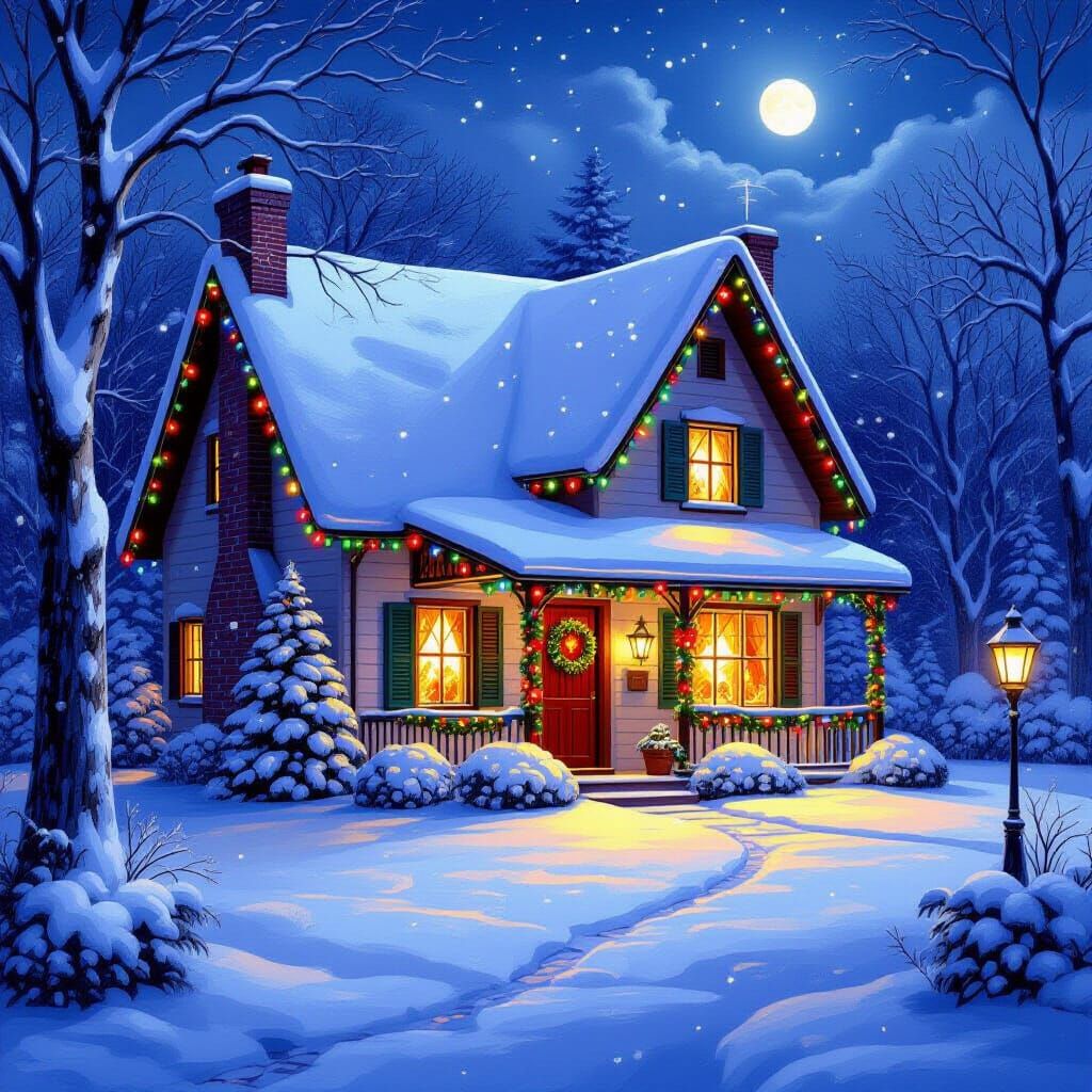 Cozy Snow-Covered Cottage with Christmas Lights