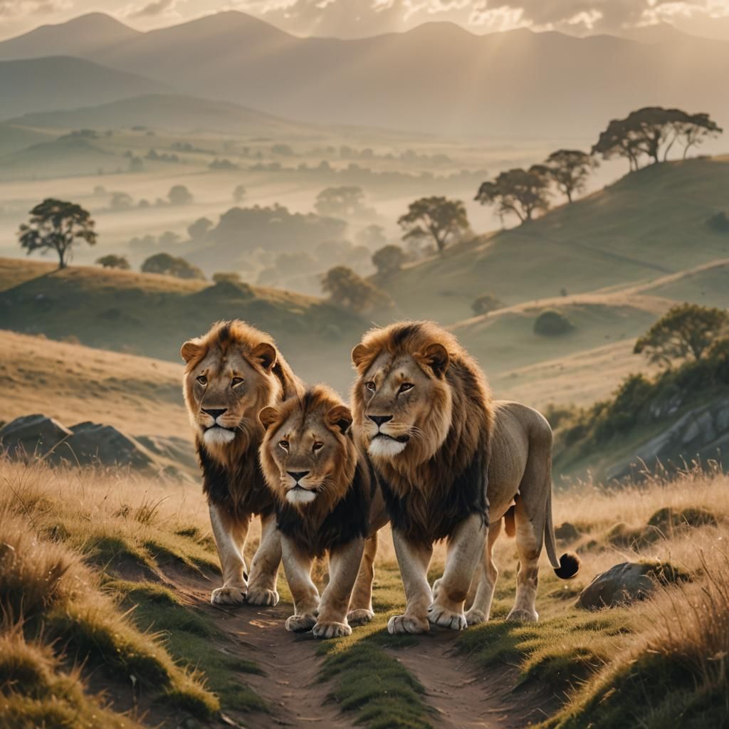 Two Lions Walking in Golden Light