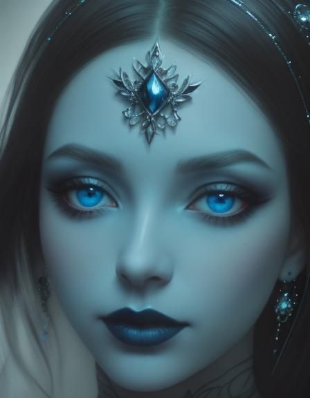 Realistic portrait of gothic beauty with long black hair and Crystal blue eyes with dark blue eyeshadow with black eyeli...