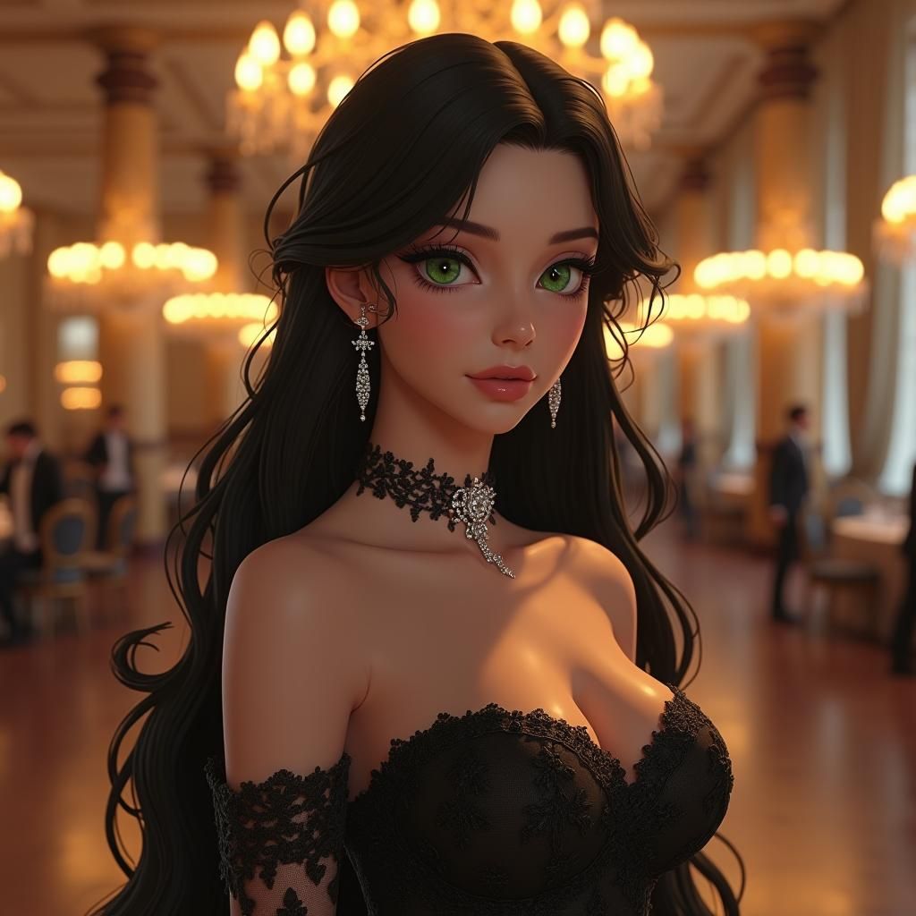 Emerald-Eyed Woman in Dark Lace Gown