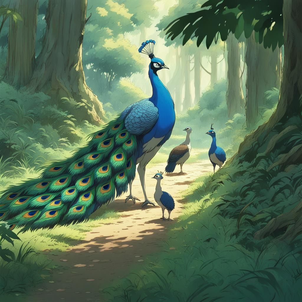 Peacock Family in Jungle Clearing: Ghibli-Style Anime
