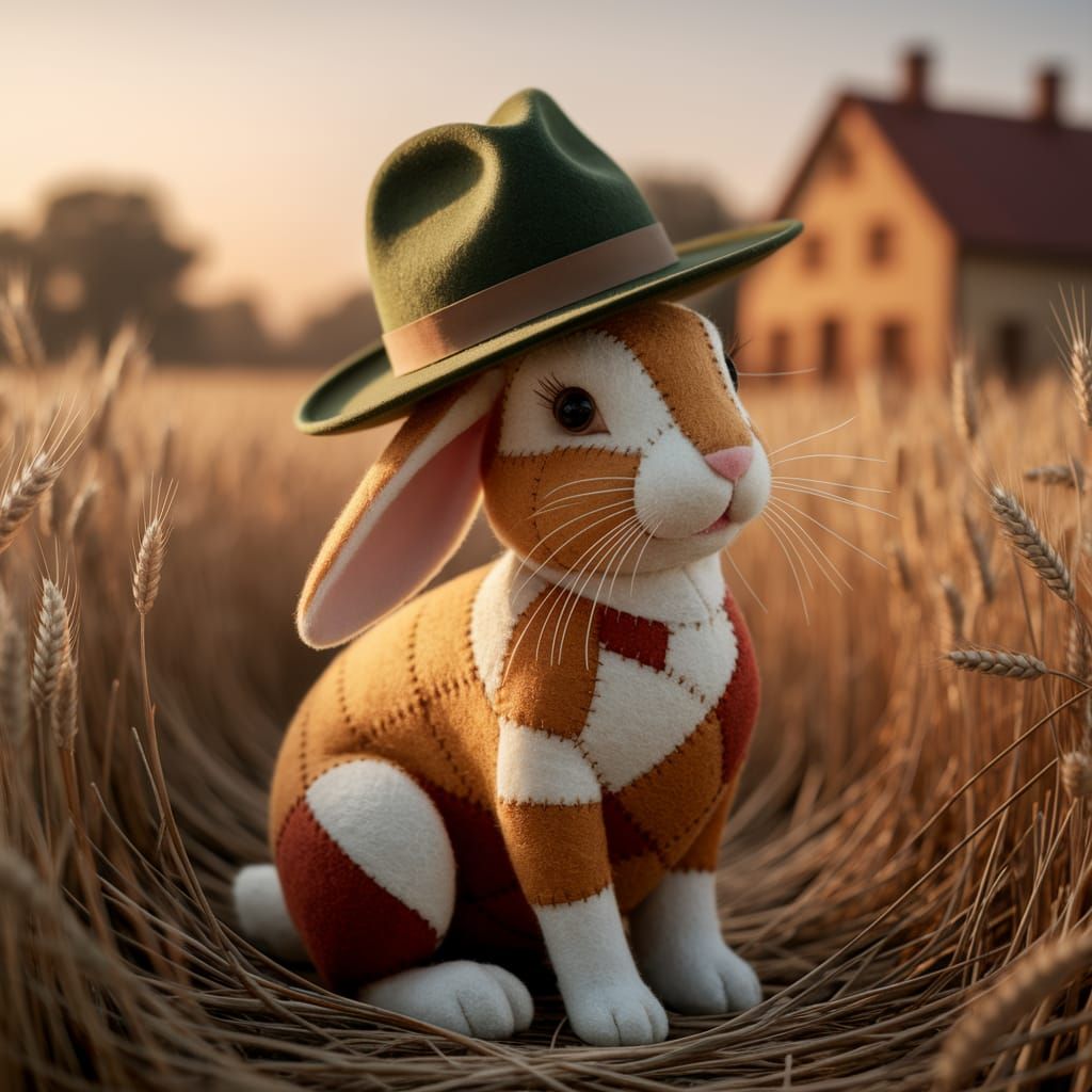 Vintage Felt Patchwork Rabbit in Wheat Field