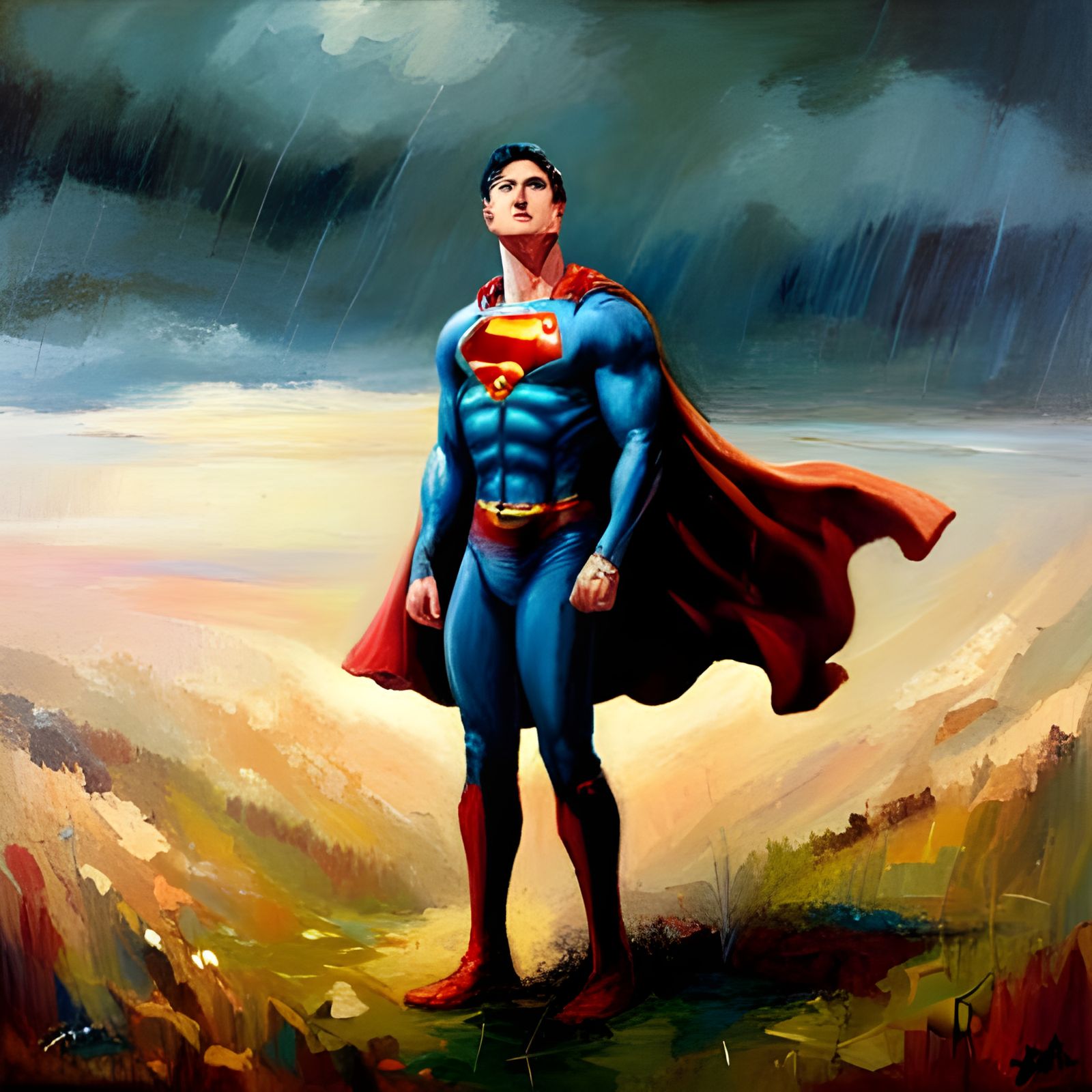 Superman in Rainy Field, Oil Painting