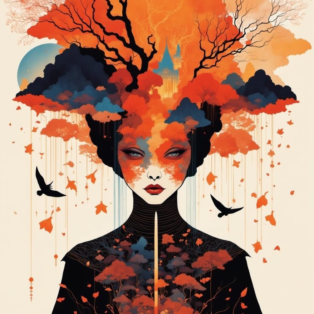 Mysterious Female Figure Amidst a Stormy Landscape in Minima...