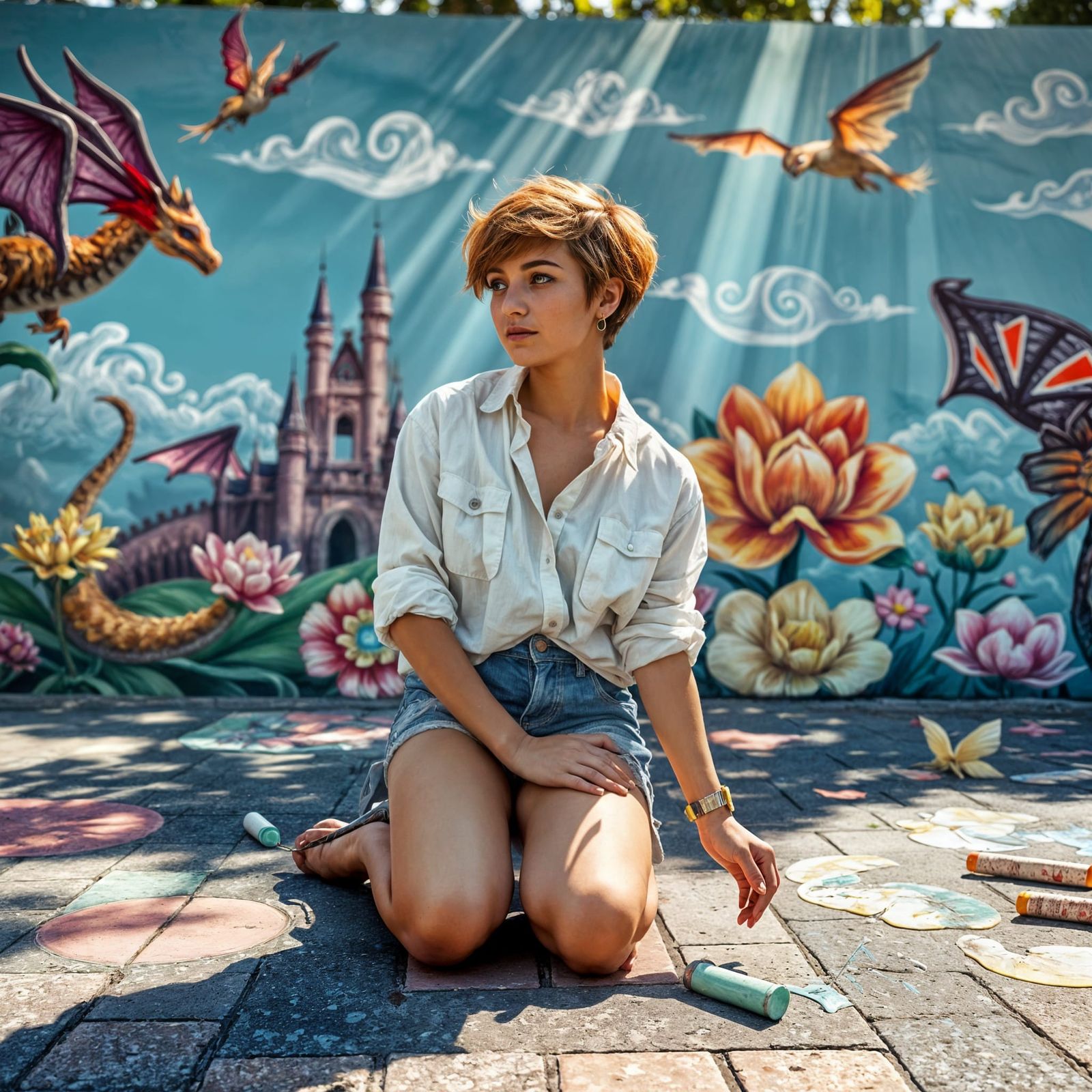 Pixie’s chalk drawings coming to life behind her