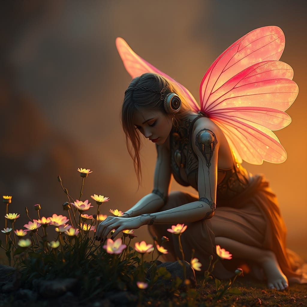 Cyborg Goddess Amongst Bioluminescent Blooms in a Golden Haz...